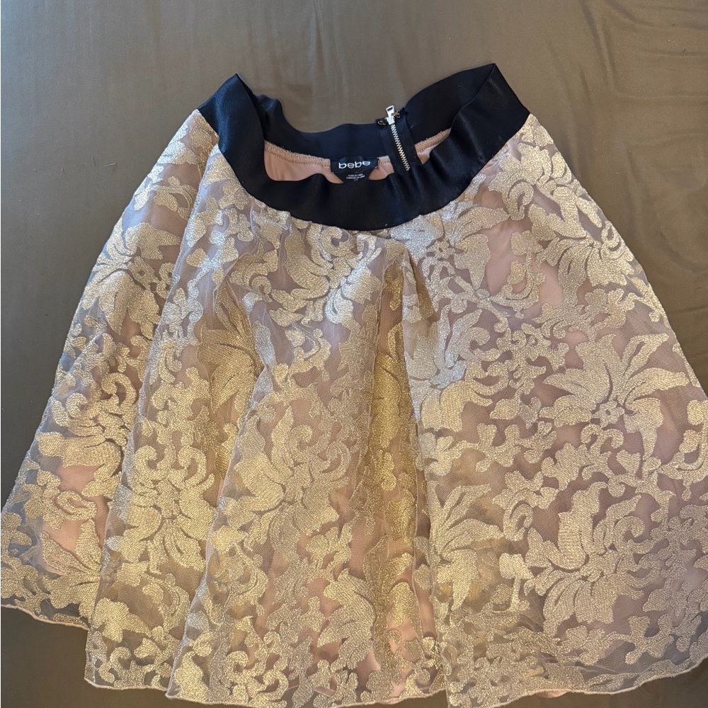 Bebe Black and Gold Floral Lace A-Line Skirt